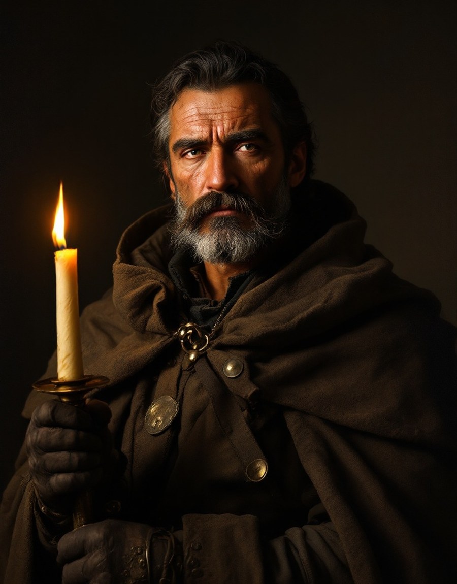 Character portrait — a weathered Golden Age swordsman, chiaroscuro lighting