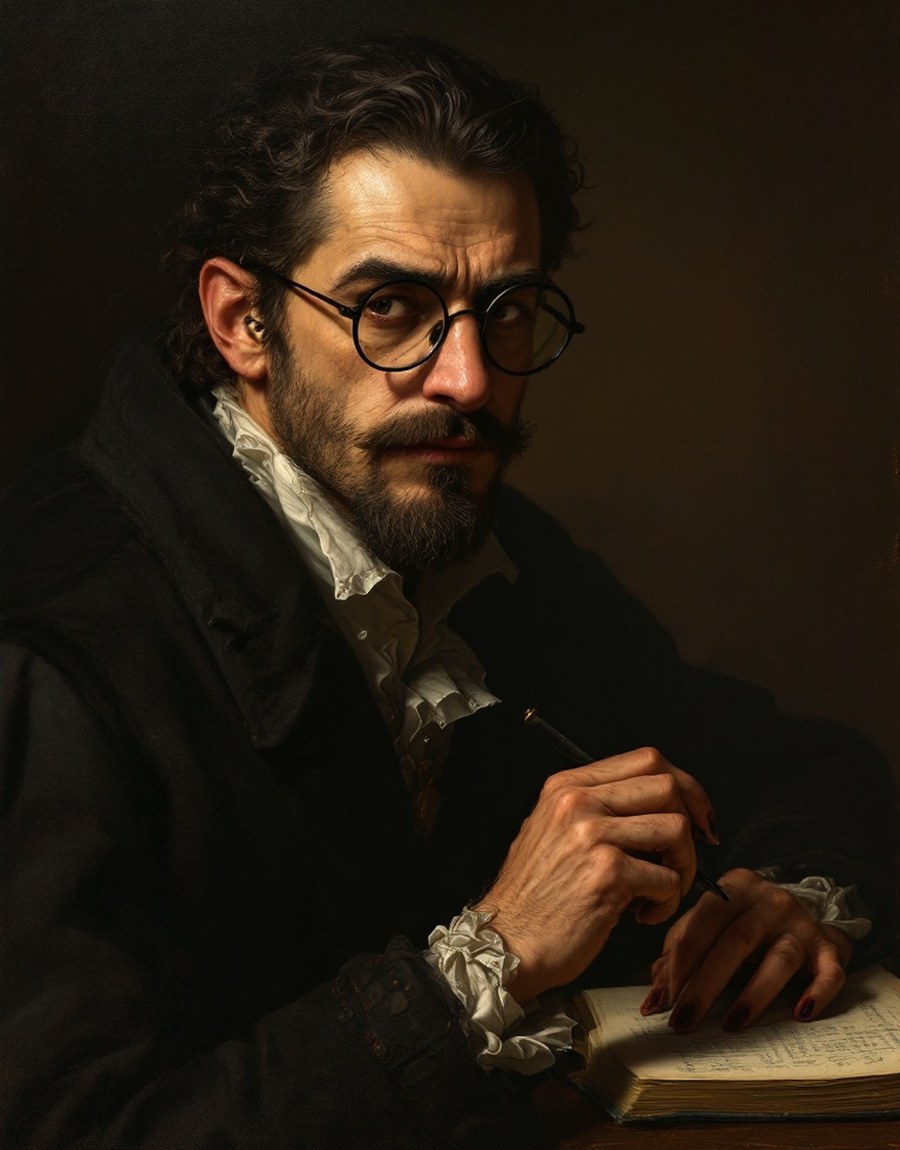Character portrait — a bespectacled Golden Age poet