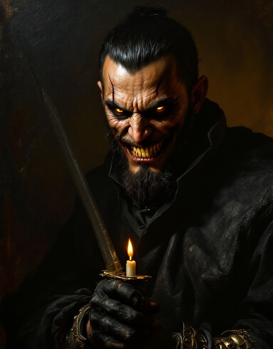 Character portrait — a menacing man in black, the antagonist