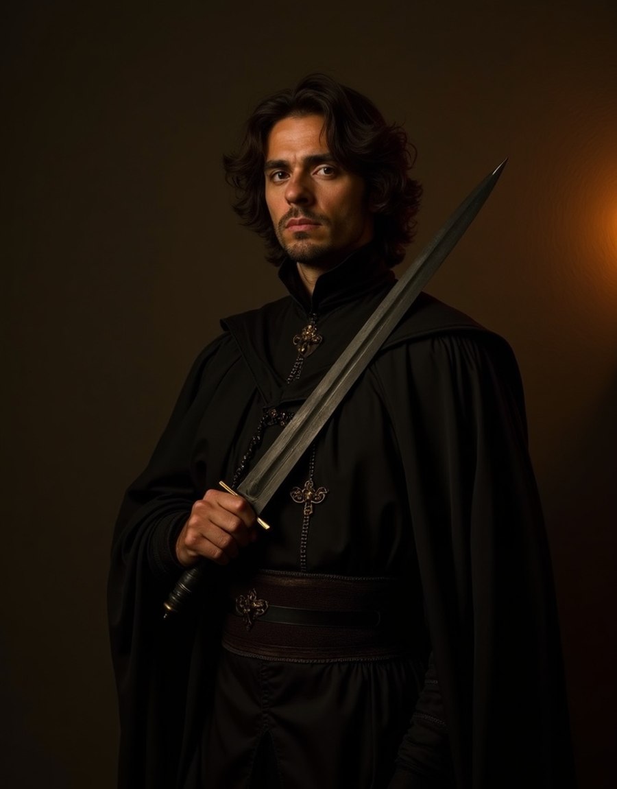 Gualterio Malatesta, fictional AI portrait, dark-clad Sicilian mercenary swordsman