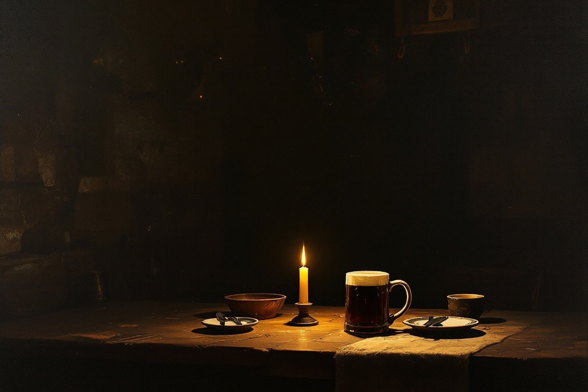 Illustration of a candlelit tavern in Golden Age Spain