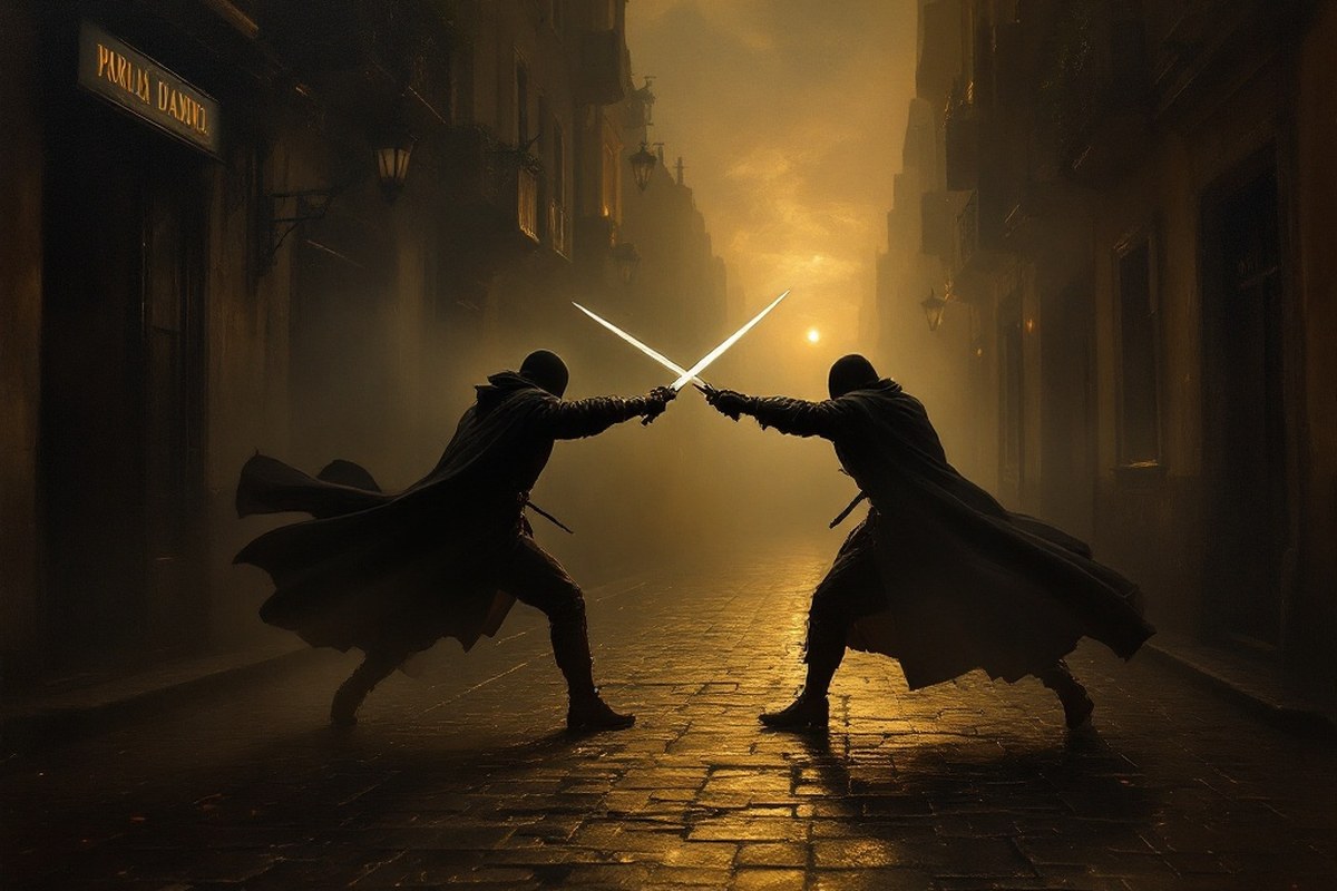 Illustration of two swordsmen facing off at dawn in a misty street