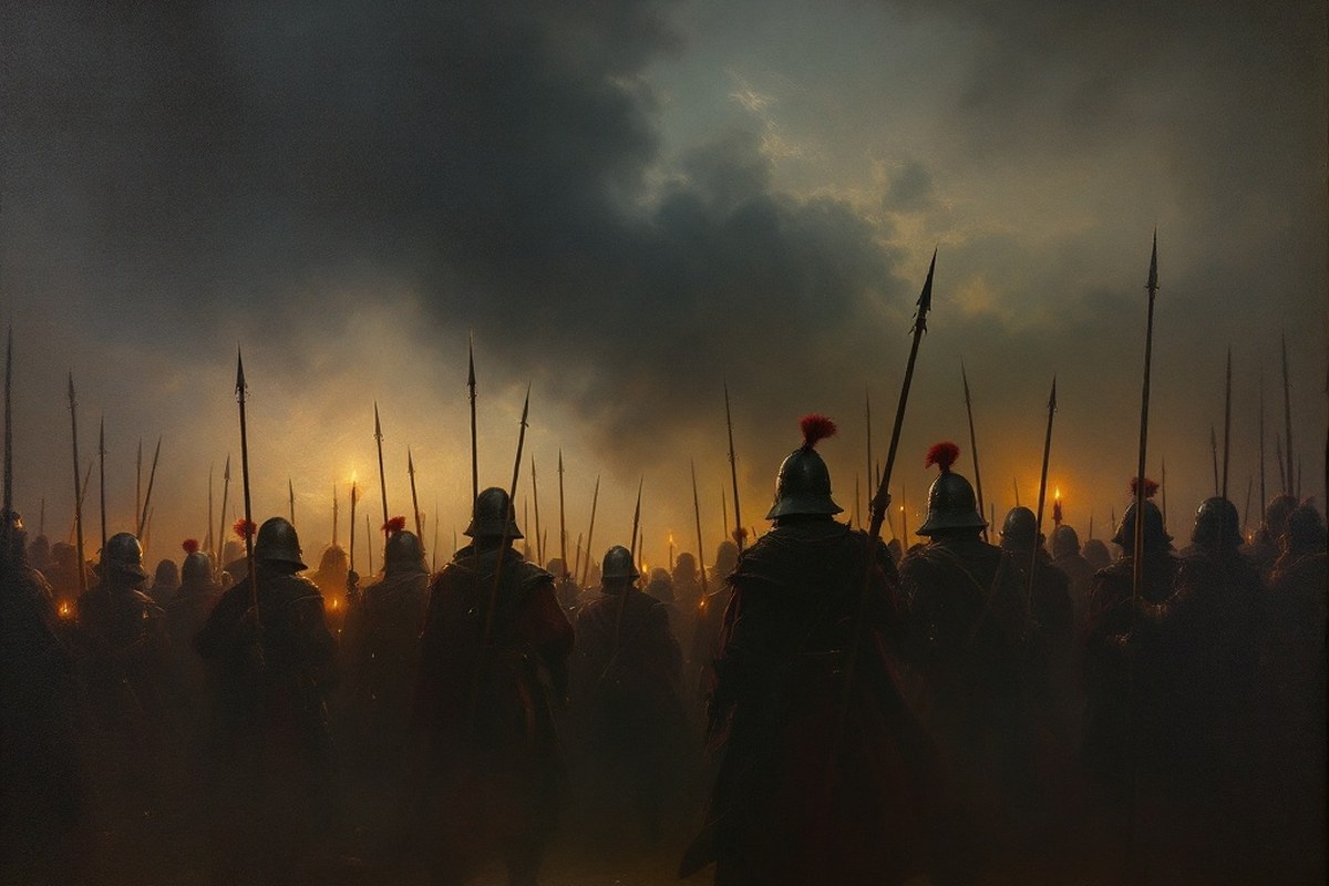 Illustration of pikemen from the tercios standing under a grey sky