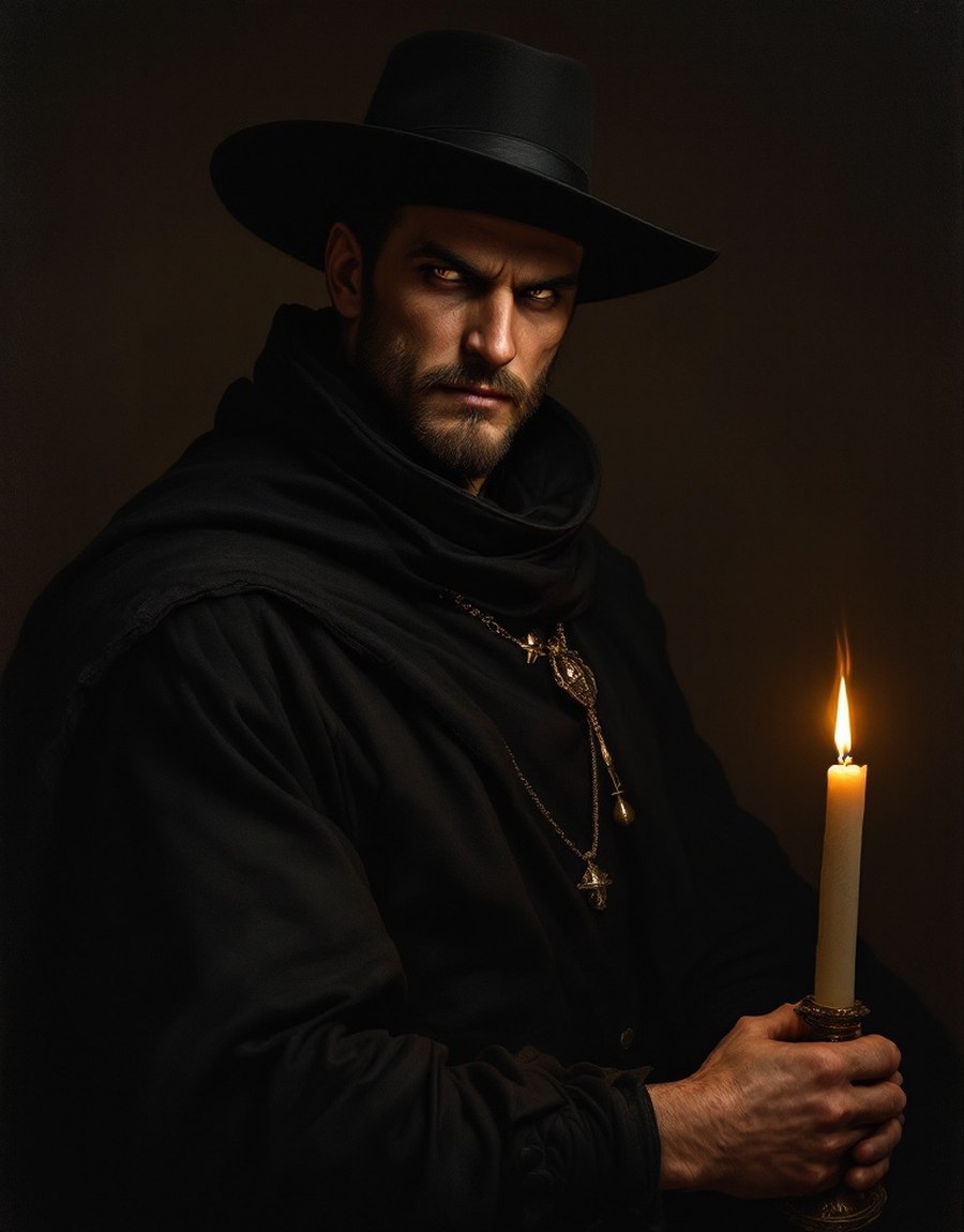 Gualterio Malatesta — AI portrait of a black-clad Italian swordsman with a dangerous smile