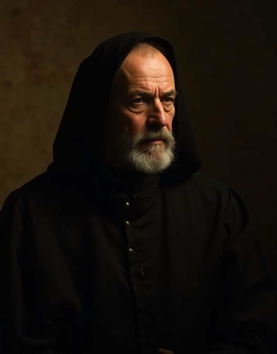 Emilio Bocanegra — AI portrait of a cold Dominican inquisitor in clerical black